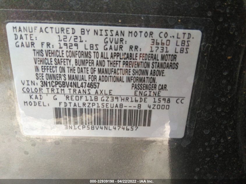 2022 NISSAN KICKS S 3N1CP5BV4NL474657
