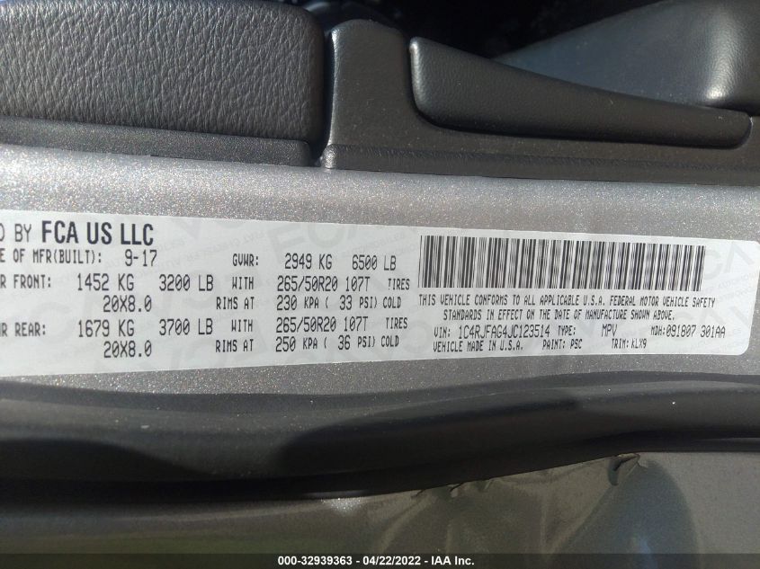 2018 JEEP GRAND CHEROKEE ALTITUDE 1C4RJFAG4JC123514