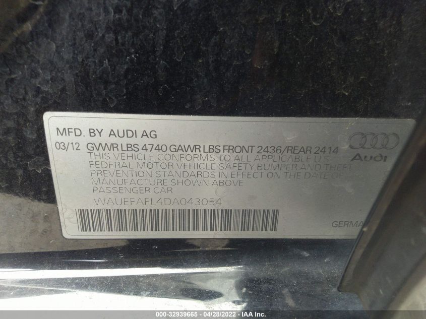 2013 AUDI A4 PREMIUM PLUS WAUEFAFL4DA043054