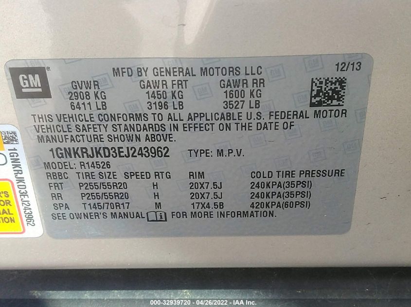 2014 CHEVROLET TRAVERSE LTZ 1GNKRJKD3EJ243962