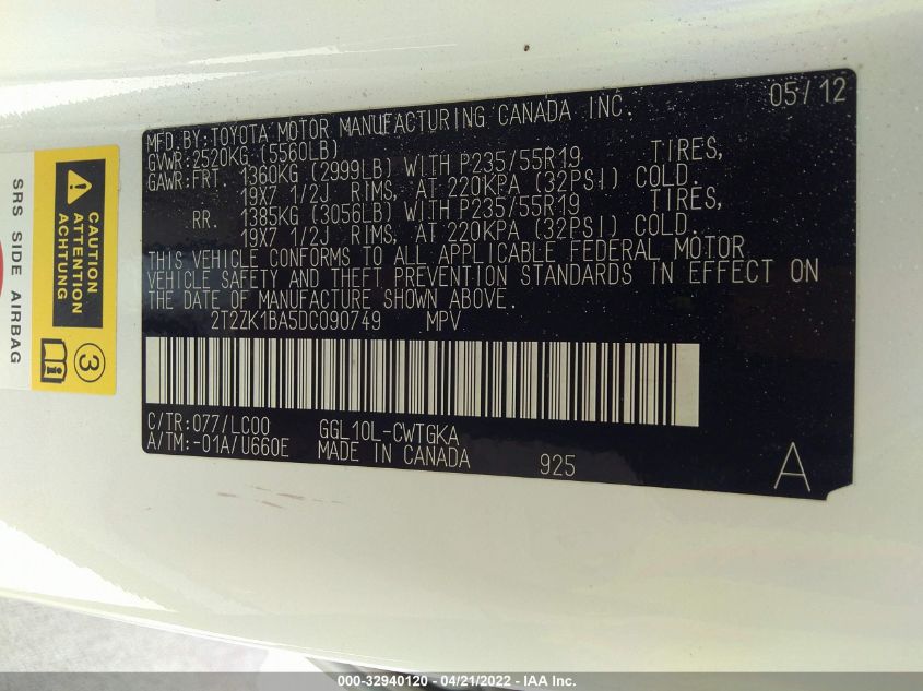 2013 LEXUS RX 350 2T2ZK1BA5DC090749