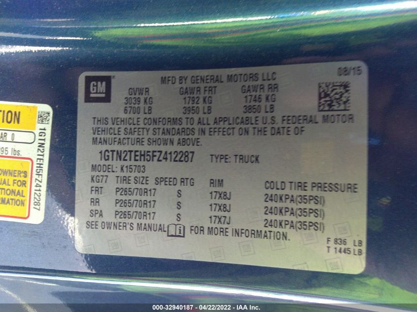 2015 GMC SIERRA 1500 1GTN2TEH5FZ412287