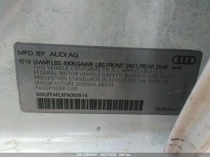 2015 AUDI A4 PREMIUM PLUS WAUFFAFLXFA059914