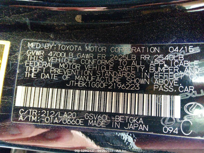 2015 LEXUS ES 350 JTHBK1GG0F2196223