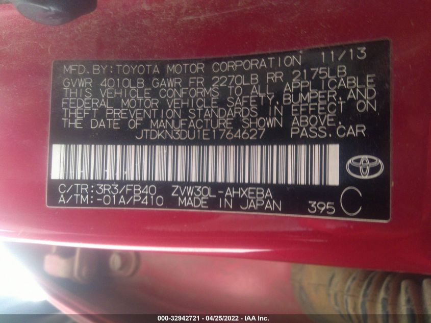 2014 TOYOTA PRIUS FOUR/FIVE/THREE/ONE/TWO JTDKN3DU1E1764627