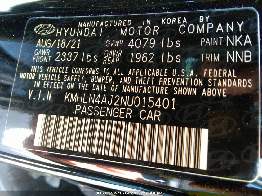 2022 HYUNDAI ELANTRA HYBRID LIMITED KMHLN4AJ2NU015401