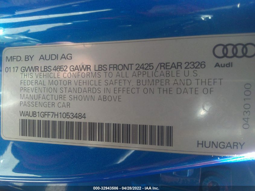 2017 AUDI S3 PREMIUM PLUS WAUB1GFF7H1053484