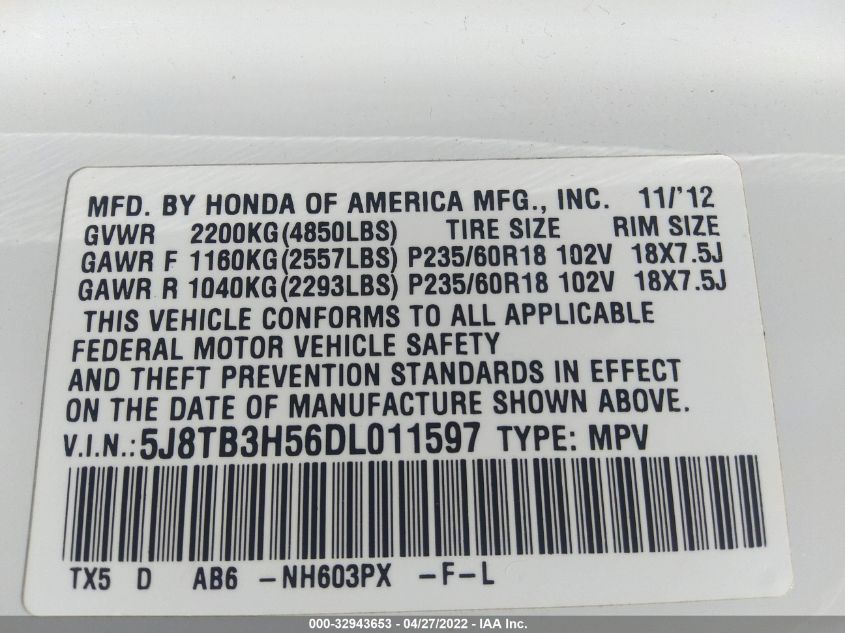 2013 ACURA RDX TECH PKG 5J8TB3H56DL011597