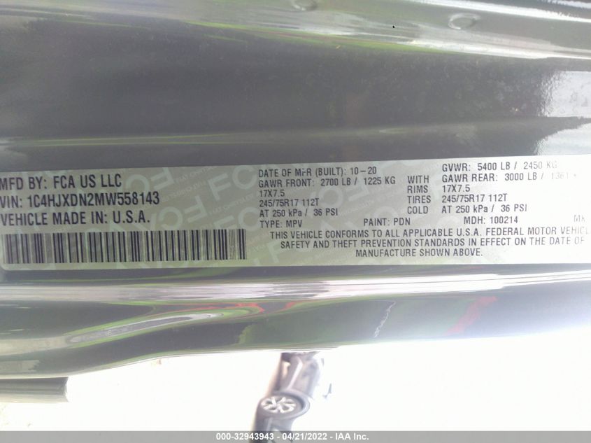 2021 JEEP WRANGLER UNLIMITED SPORT 1C4HJXDN2MW558143