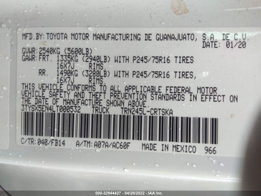2020 TOYOTA TACOMA 4WD SR/SR5 3TYSX5EN4LT000532