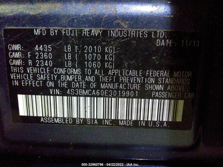 2014 SUBARU LEGACY 2.5I 4S3BMCA60E3019901