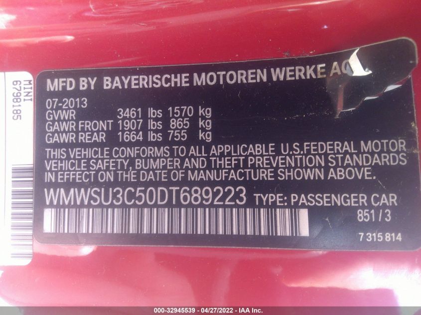 2013 MINI COOPER HARDTOP WMWSU3C50DT689223