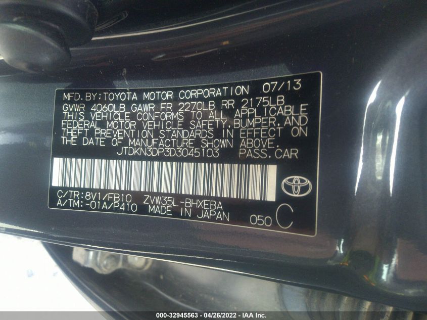 2013 TOYOTA PRIUS PLUG-IN JTDKN3DP3D3045103