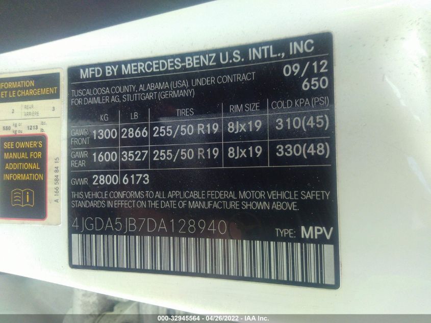 2013 MERCEDES-BENZ M-CLASS ML 350 4JGDA5JB7DA128940