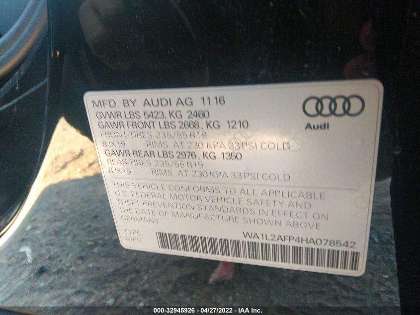 2017 AUDI Q5 PREMIUM PLUS WA1L2AFP4HA078542