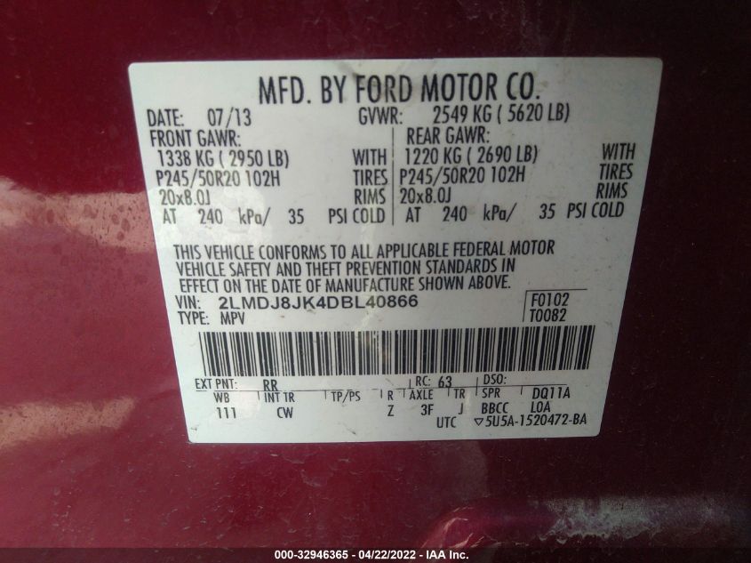 2013 LINCOLN MKX 2LMDJ8JK4DBL40866