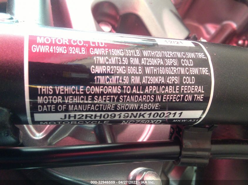 2022 HONDA NC750 XD JH2RH0919NK100211