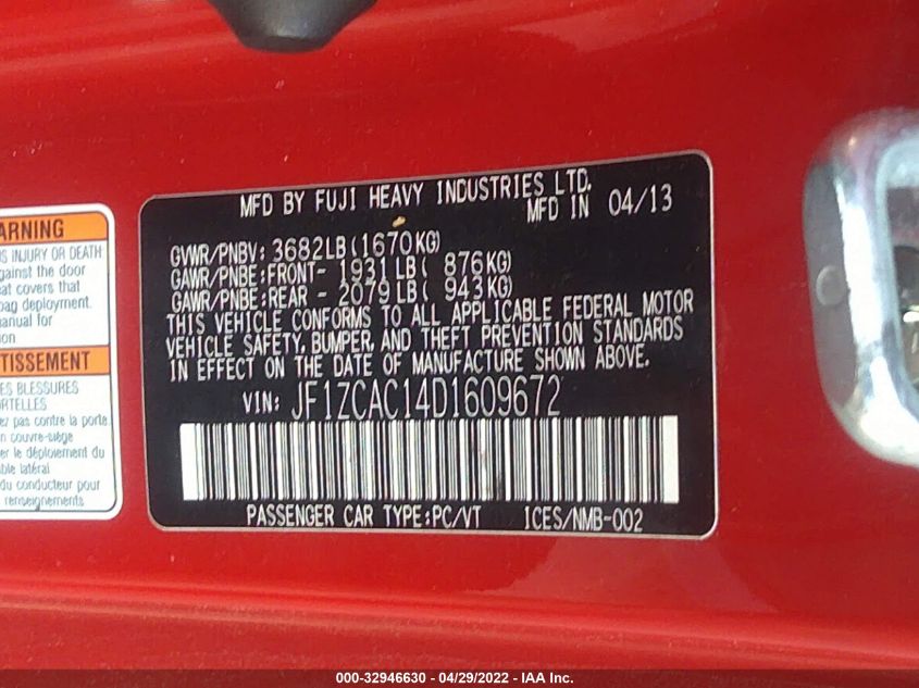 2013 SUBARU BRZ LIMITED JF1ZCAC14D1609672