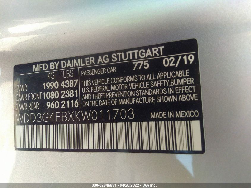 2019 MERCEDES-BENZ A-CLASS A 220 WDD3G4EBXKW011703