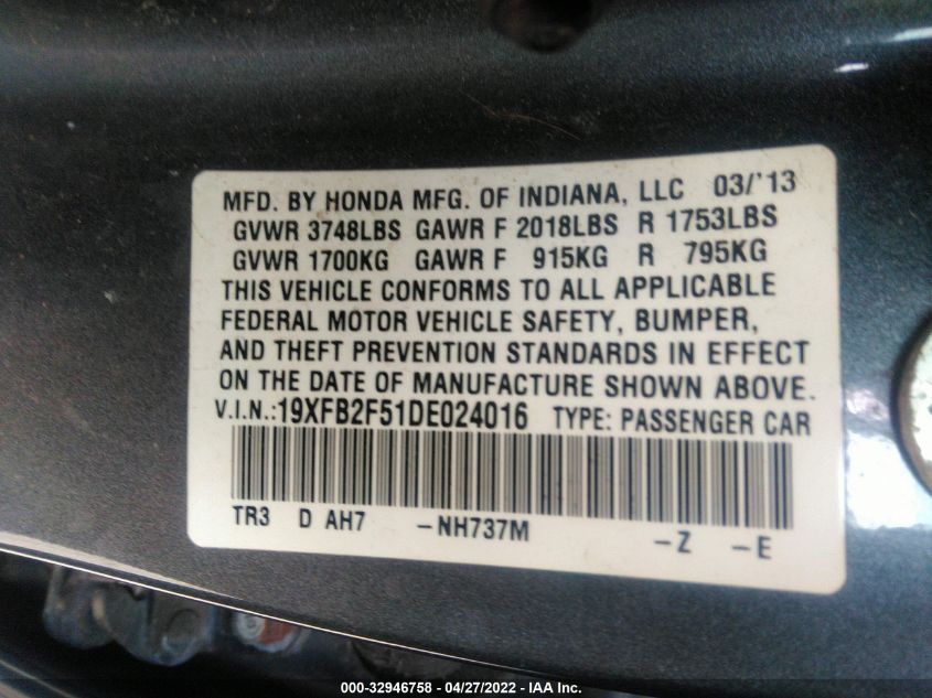 2013 HONDA CIVIC SDN LX 19XFB2F51DE024016