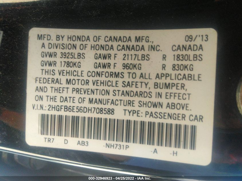 2013 HONDA CIVIC SDN SI 2HGFB6E56DH708588