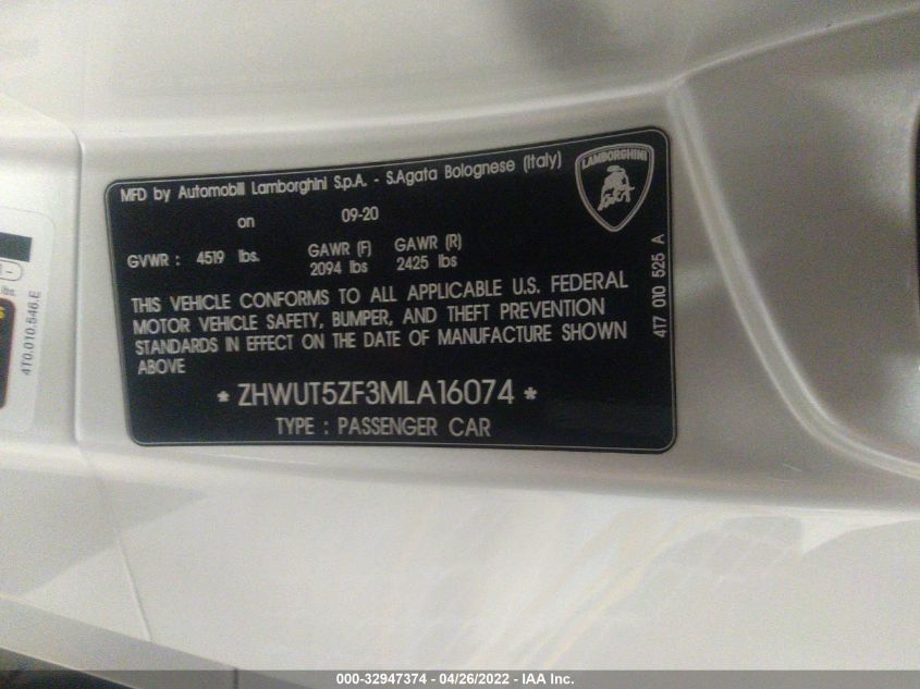 2021 LAMBORGHINI HURACAN EVO ZHWUT5ZF3MLA16074