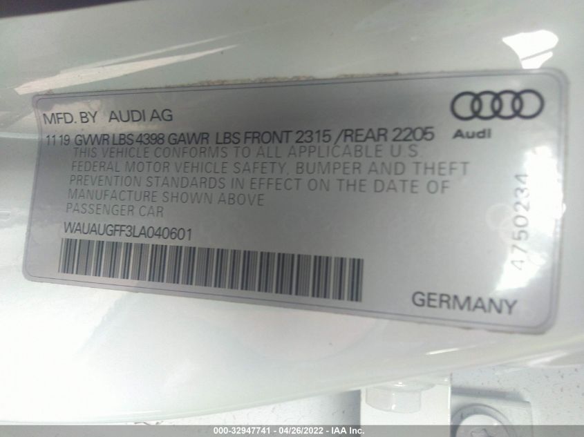 2020 AUDI A3 SEDAN PREMIUM WAUAUGFF3LA040601