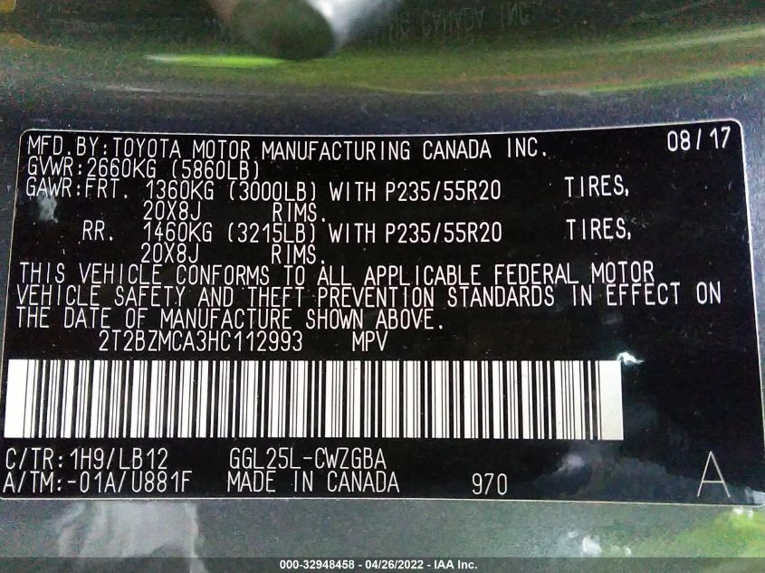 2017 LEXUS RX RX 350 2T2BZMCA3HC112993
