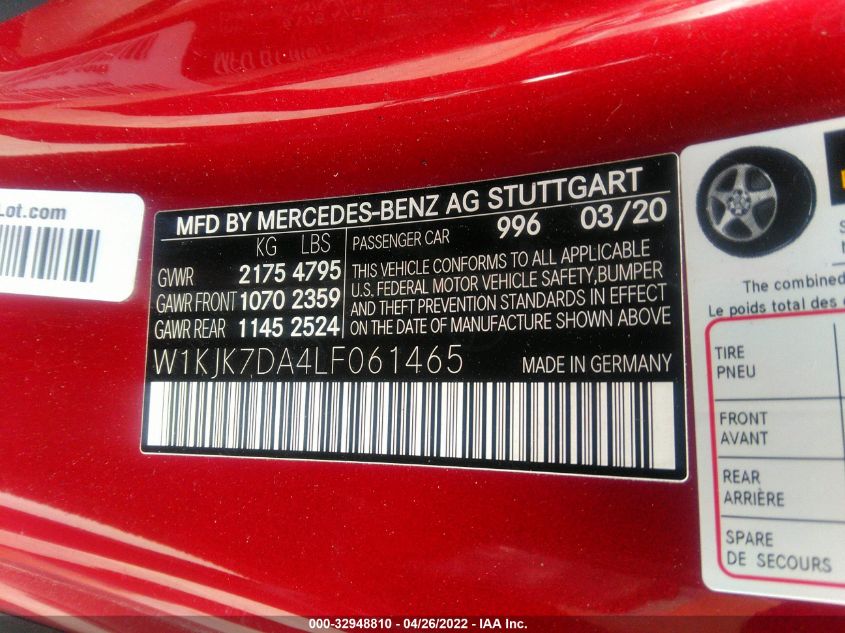 2020 MERCEDES-BENZ SL SL 550 W1KJK7DA4LF061465