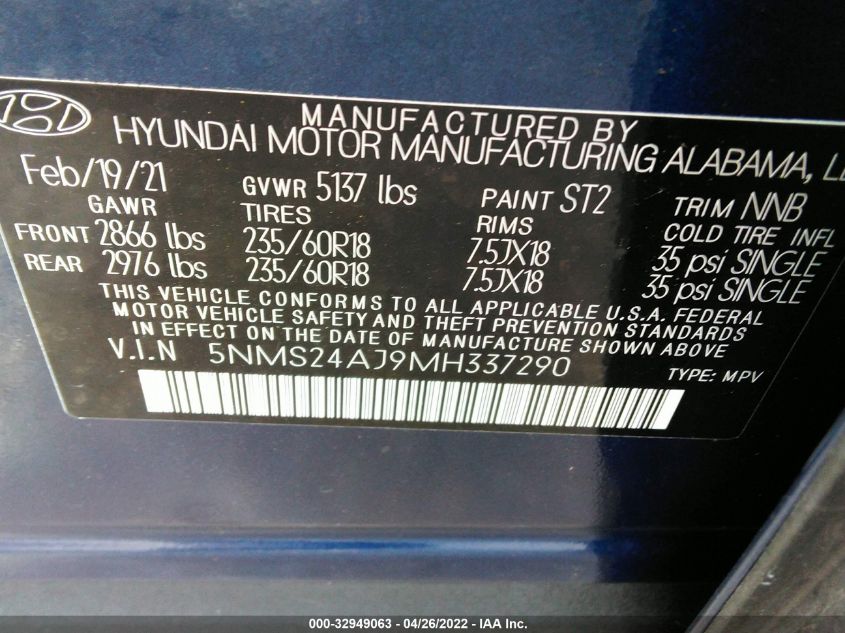 2021 HYUNDAI SANTA FE SEL 5NMS24AJ9MH337290