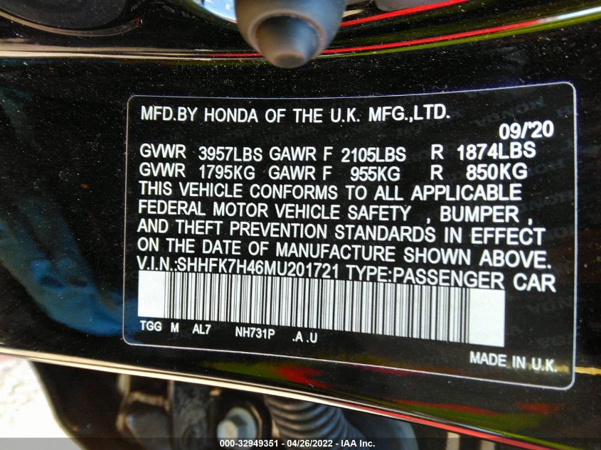 2021 HONDA CIVIC HATCHBACK SPORT SHHFK7H46MU201721