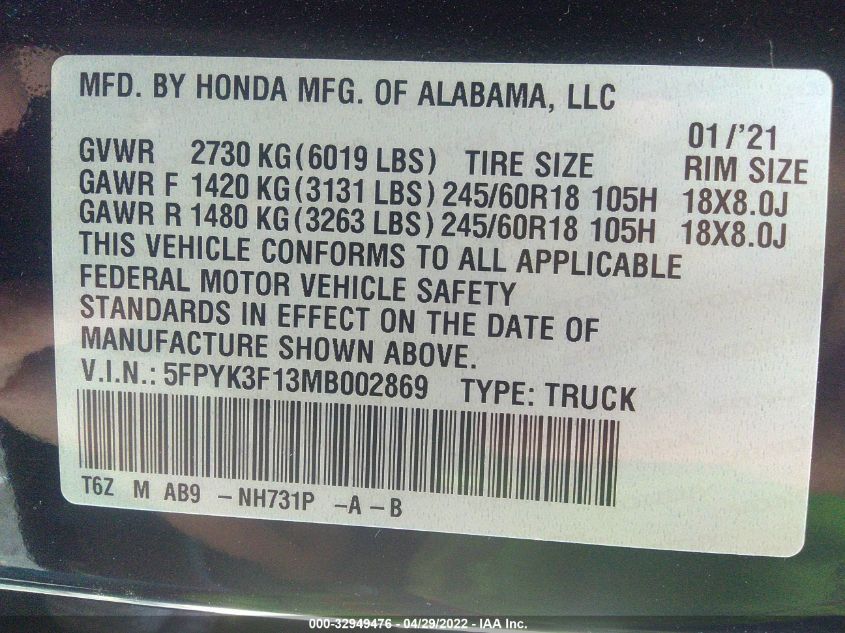 2021 HONDA RIDGELINE SPORT 5FPYK3F13MB002869