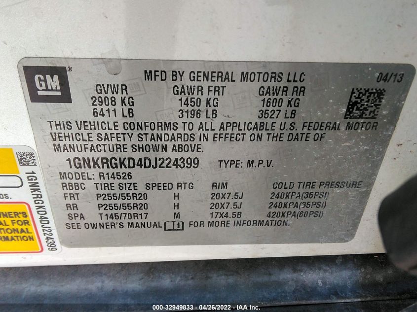 2013 CHEVROLET TRAVERSE LT 1GNKRGKD4DJ224399