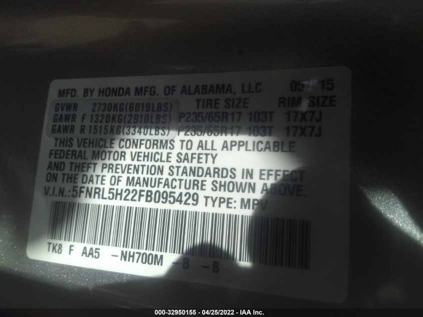 2015 HONDA ODYSSEY LX 5FNRL5H22FB095429