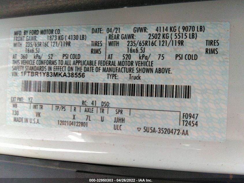 2021 FORD TRANSIT CARGO VAN 1FTBR1Y83MKA38556