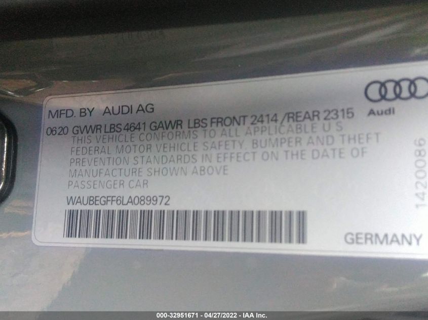 2020 AUDI A3 SEDAN S LINE PREMIUM WAUBEGFF6LA089972