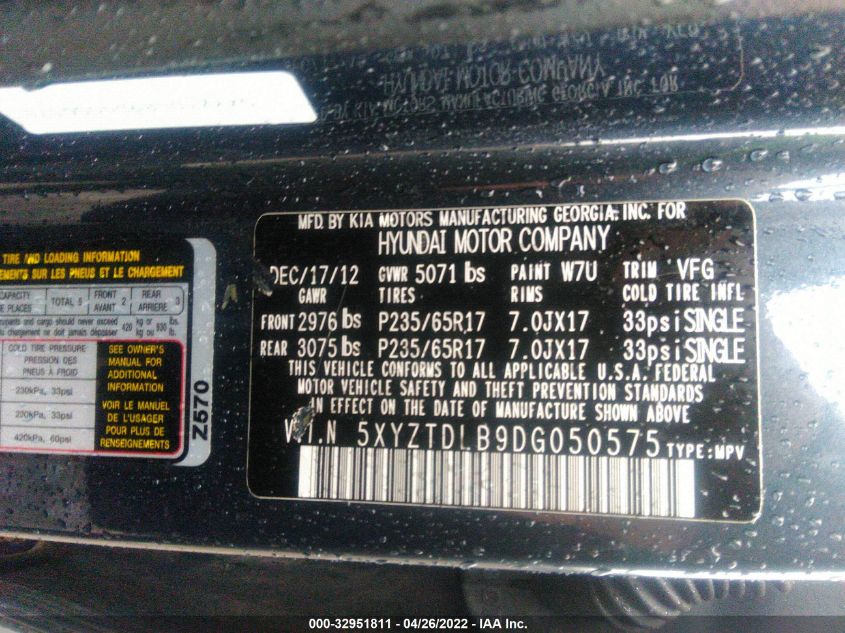 2013 HYUNDAI SANTA FE 5XYZTDLB9DG050575