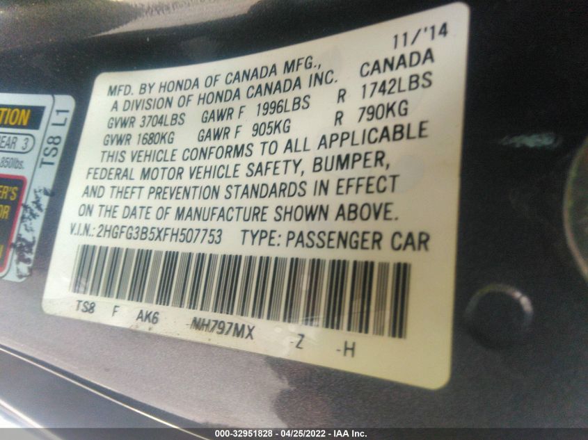 2015 HONDA CIVIC COUPE LX 2HGFG3B5XFH507753
