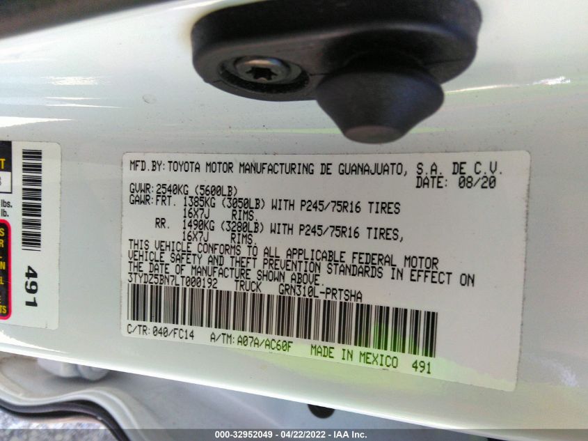 2020 TOYOTA TACOMA 4WD SR5/TRD SPORT 3TYDZ5BN7LT000192