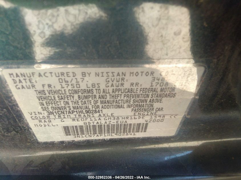 2017 NISSAN VERSA SEDAN S PLUS 3N1CN7AP1HL902841