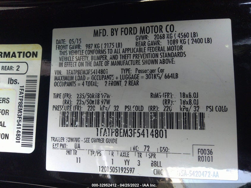 2015 FORD MUSTANG VIN: 1FATP8EM3F5414801