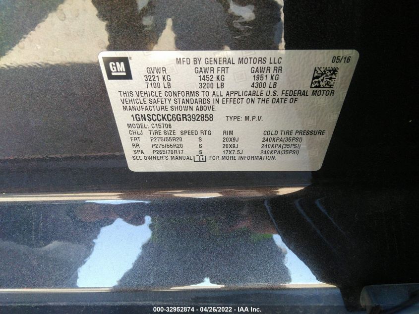2016 CHEVROLET TAHOE LTZ 1GNSCCKC6GR392858
