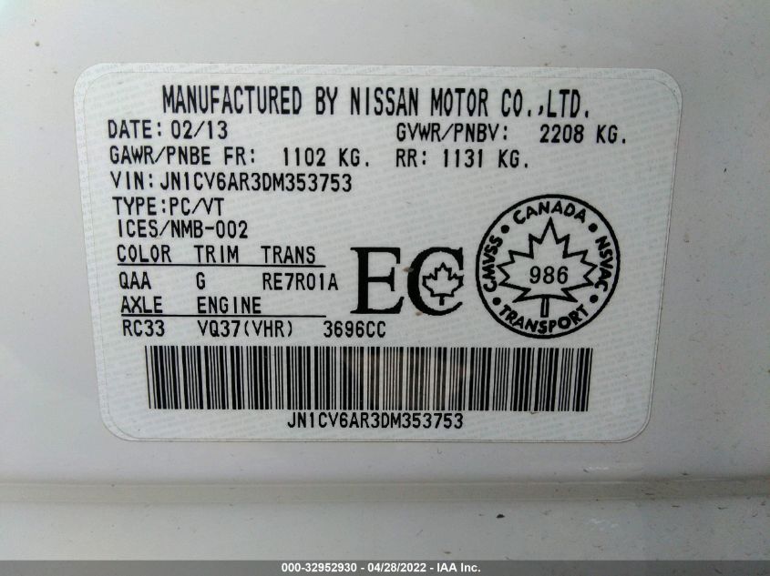 2013 INFINITI G37 SEDAN X JN1CV6AR3DM353753