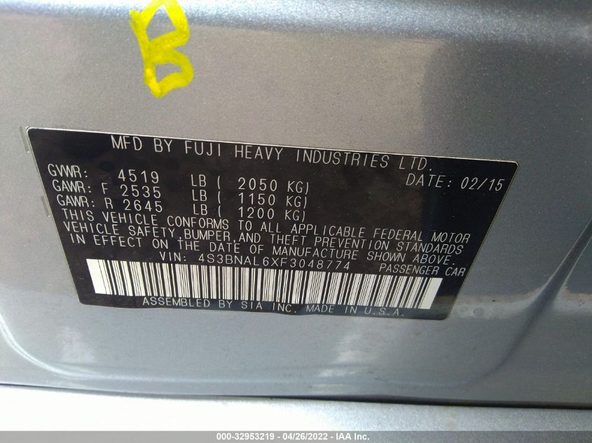 2015 SUBARU LEGACY 2.5I LIMITED 4S3BNAL6XF3048774