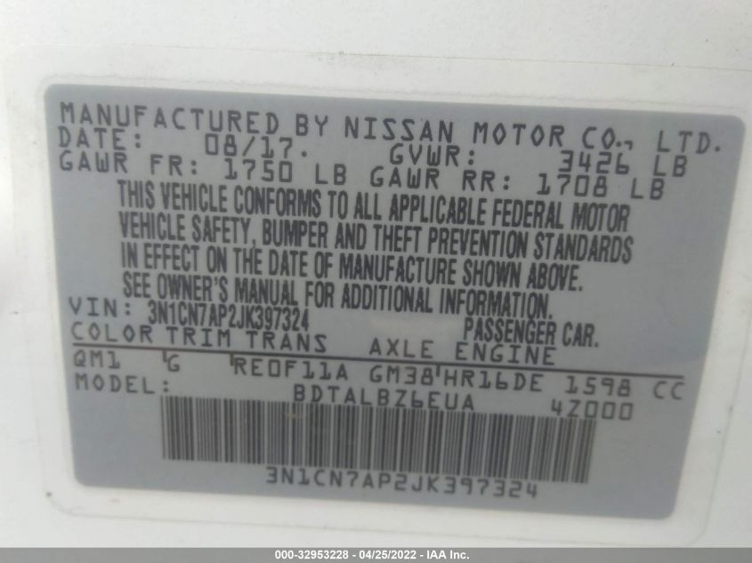 2018 NISSAN VERSA SEDAN SV 3N1CN7AP2JK397324