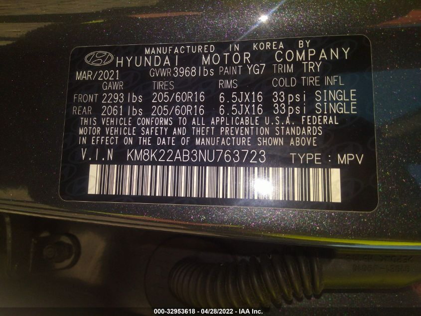 2022 HYUNDAI KONA SE KM8K22AB3NU763723