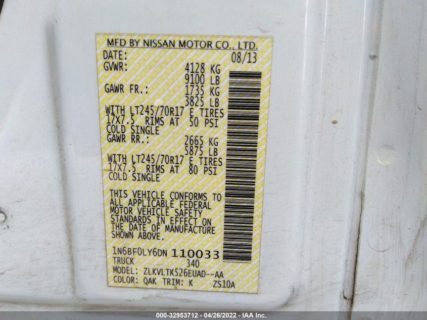 2013 NISSAN NV SV 1N6BF0LY6DN110033