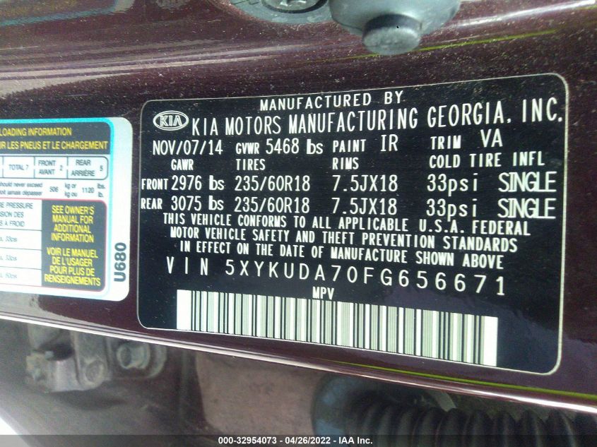 2015 KIA SORENTO EX 5XYKUDA70FG656671