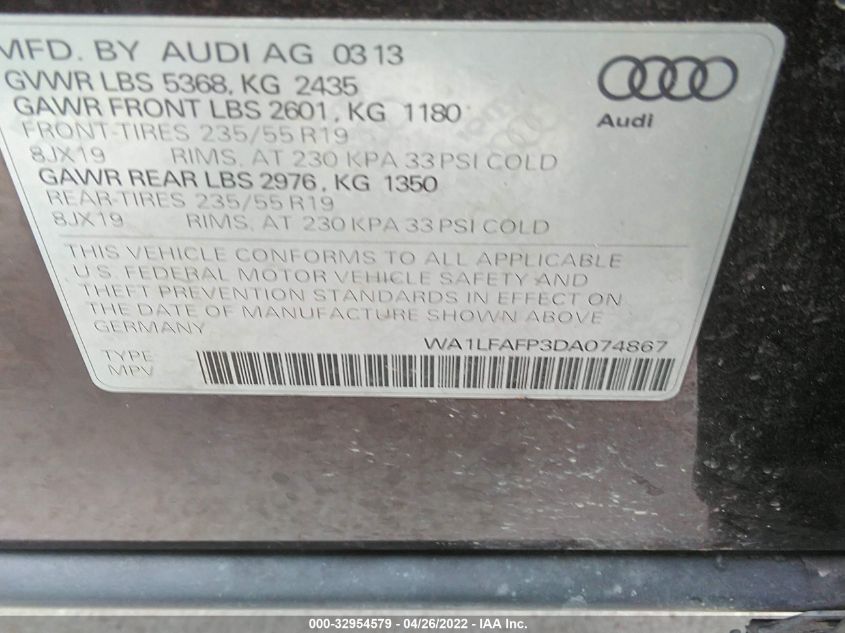 2013 AUDI Q5 PREMIUM PLUS WA1LFAFP3DA074867