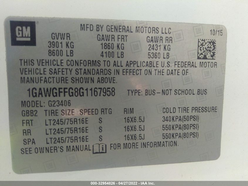 2016 CHEVROLET EXPRESS PASSENGER LT 1GAWGFFG8G1167958